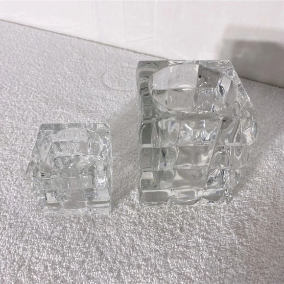 Vintage  Clear Cut Crystal Square Textured Ice Cube Candle Holders - Picture 1 of 9